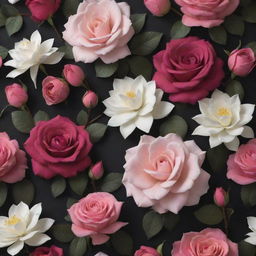 A captivating 3D wallpaper featuring a dark backdrop, filled with a vibrant array of roses, posies, and large, standout magnolias in diverse colors