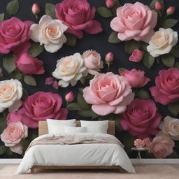 A captivating 3D wallpaper featuring a dark backdrop, filled with a vibrant array of roses, posies, and large, standout magnolias in diverse colors