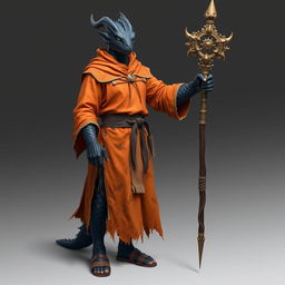 A standing male dragonborn wizard with deep black scales, showcasing a formidable and mystical presence