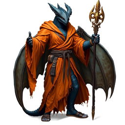 A standing male dragonborn wizard with deep black scales, showcasing a formidable and mystical presence
