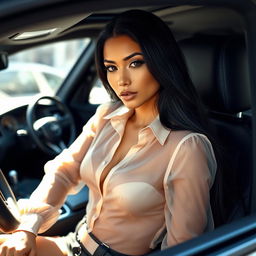 A stunning Latina model with long black hair wearing a sheer, transparent blouse inside a sleek, modern car