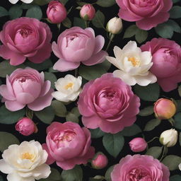 A dynamic 3D wallpaper epitomizing a dark background festooned with large, vibrant roses, posies, prominent magnolias, and sizable peonies in a colorful array