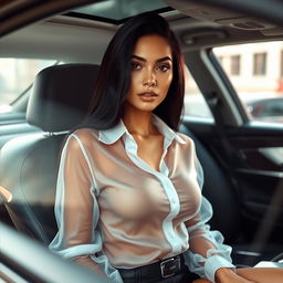 A stunning Latina model with long black hair wearing a sheer, transparent blouse inside a sleek, modern car