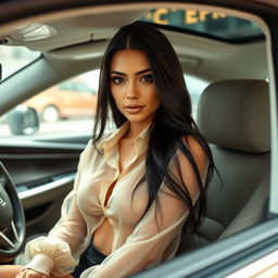 A stunning Latina model with long black hair wearing a sheer, transparent blouse inside a sleek, modern car