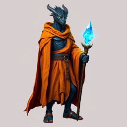A standing male dragonborn wizard with deep black scales, exuding a powerful and mystical aura