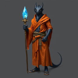 A standing male dragonborn wizard with deep black scales, exuding a powerful and mystical aura