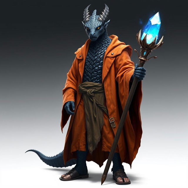 A standing male dragonborn wizard with deep black scales, exuding a powerful and mystical aura