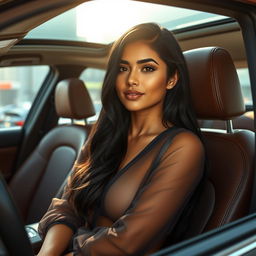 A realistic depiction of a stunning Latina model with long, flowing black hair, wearing a sheer, transparent blouse while seated in a modern, luxurious car