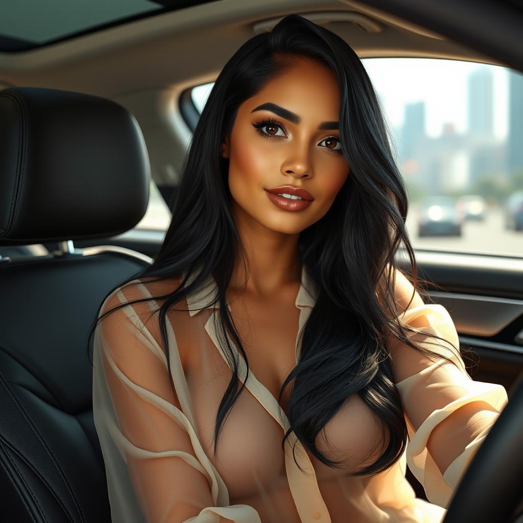 A realistic depiction of a stunning Latina model with long, flowing black hair, wearing a sheer, transparent blouse while seated in a modern, luxurious car