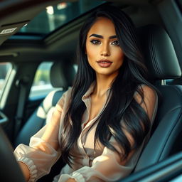 A realistic depiction of a stunning Latina model with long, flowing black hair, wearing a sheer, transparent blouse while seated in a modern, luxurious car