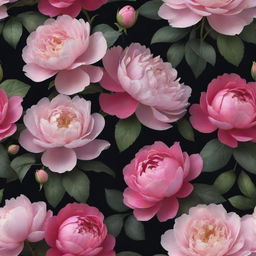 A dynamic 3D wallpaper epitomizing a dark background festooned with large, vibrant roses, posies, prominent magnolias, and sizable peonies in a colorful array