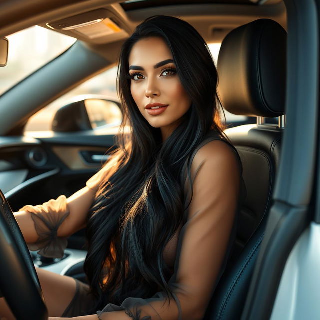 A realistic depiction of a stunning Latina model with long, flowing black hair, wearing a sheer, transparent blouse while seated in a modern, luxurious car