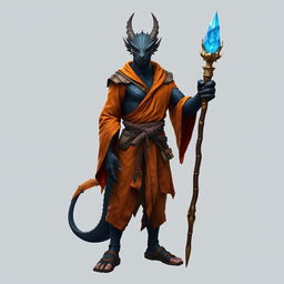 A standing male dragonborn wizard with striking black scales, emanating a sense of mystical power