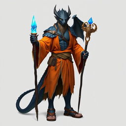 A standing male dragonborn wizard with striking black scales, emanating a sense of mystical power