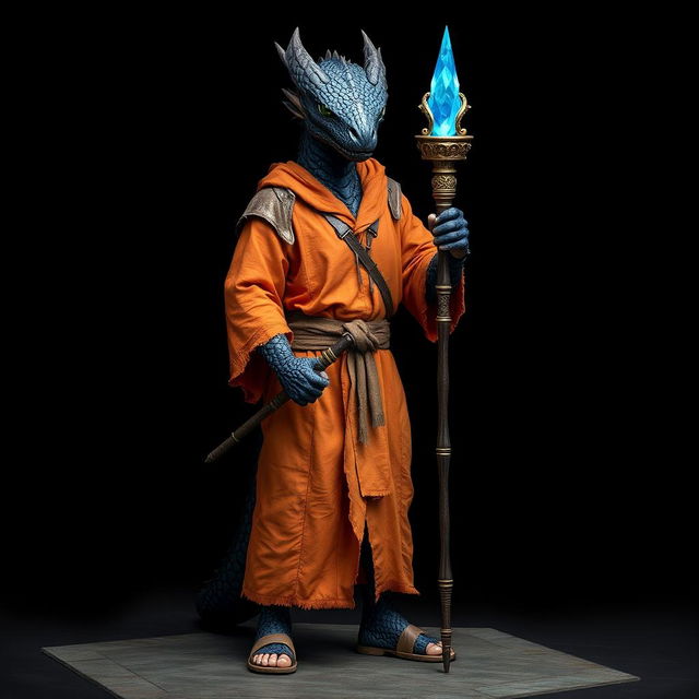 A standing male dragonborn wizard with striking black scales, emanating a sense of mystical power