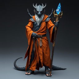 A standing male dragonborn wizard with striking black scales, emanating a sense of mystical power