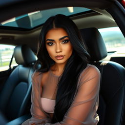 A beautiful Latina model with long black hair, wearing a sheer blouse, sitting inside a luxurious car