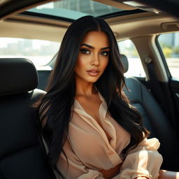 A beautiful Latina model with long black hair, wearing a sheer blouse, sitting inside a luxurious car