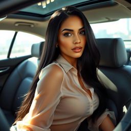 A beautiful Latina model with long black hair, wearing a sheer blouse, sitting inside a luxurious car