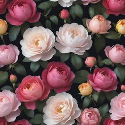 A dynamic 3D wallpaper epitomizing a dark background festooned with large, vibrant roses, posies, prominent magnolias, and sizable peonies in a colorful array