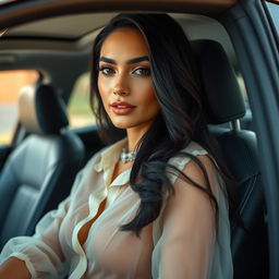 A realistic image of a stunning Latina model with long, black hair, wearing a sheer, transparent blouse