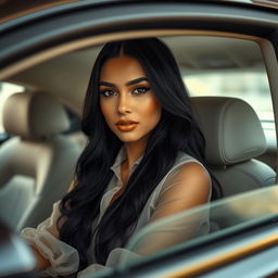 A realistic image of a stunning Latina model with long, black hair, wearing a sheer, transparent blouse