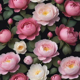 A dynamic 3D wallpaper epitomizing a dark background festooned with large, vibrant roses, posies, prominent magnolias, and sizable peonies in a colorful array