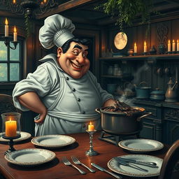 A jovial fat French chef, with a twinkling eye and a flour-dusted apron, expertly cooking in a candle-lit, gothic kitchen