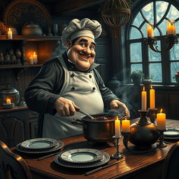 A jovial fat French chef, with a twinkling eye and a flour-dusted apron, expertly cooking in a candle-lit, gothic kitchen
