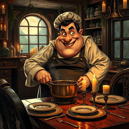 A jovial fat French chef, with a twinkling eye and a flour-dusted apron, expertly cooking in a candle-lit, gothic kitchen