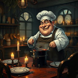 A jovial fat French chef, with a twinkling eye and a flour-dusted apron, expertly cooking in a candle-lit, gothic kitchen