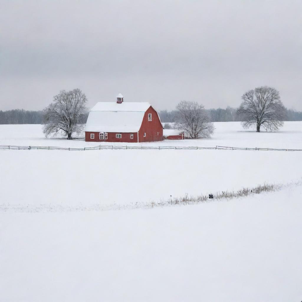 A picturesque snowscape transforming a rustic farm landscape, with the blanket of pristine snow on fields and a charming farmhouse standing out against the pure white surroundings