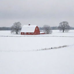 A picturesque snowscape transforming a rustic farm landscape, with the blanket of pristine snow on fields and a charming farmhouse standing out against the pure white surroundings