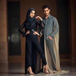 A beautiful woman in a stylish jilbab and a transparent abaya, wearing glamorous high heels, striking a seductive pose in front of an attractive man