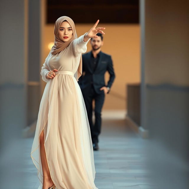 A beautiful woman in a stylish jilbab and a transparent abaya, wearing glamorous high heels, striking a seductive pose in front of an attractive man