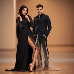 A beautiful woman in a stylish jilbab and a transparent abaya, wearing glamorous high heels, striking a seductive pose in front of an attractive man