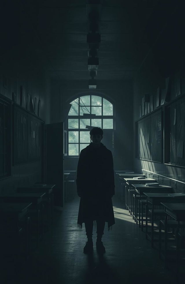 A somber, dark-toned scene inside a gloomy school environment