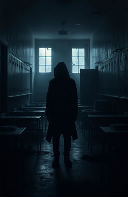 A somber, dark-toned scene inside a gloomy school environment