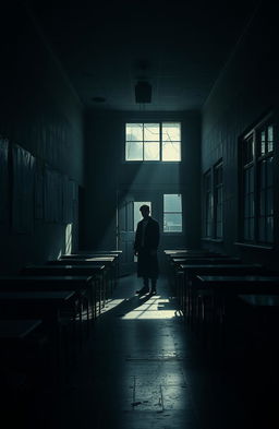 A somber, dark-toned scene inside a gloomy school environment