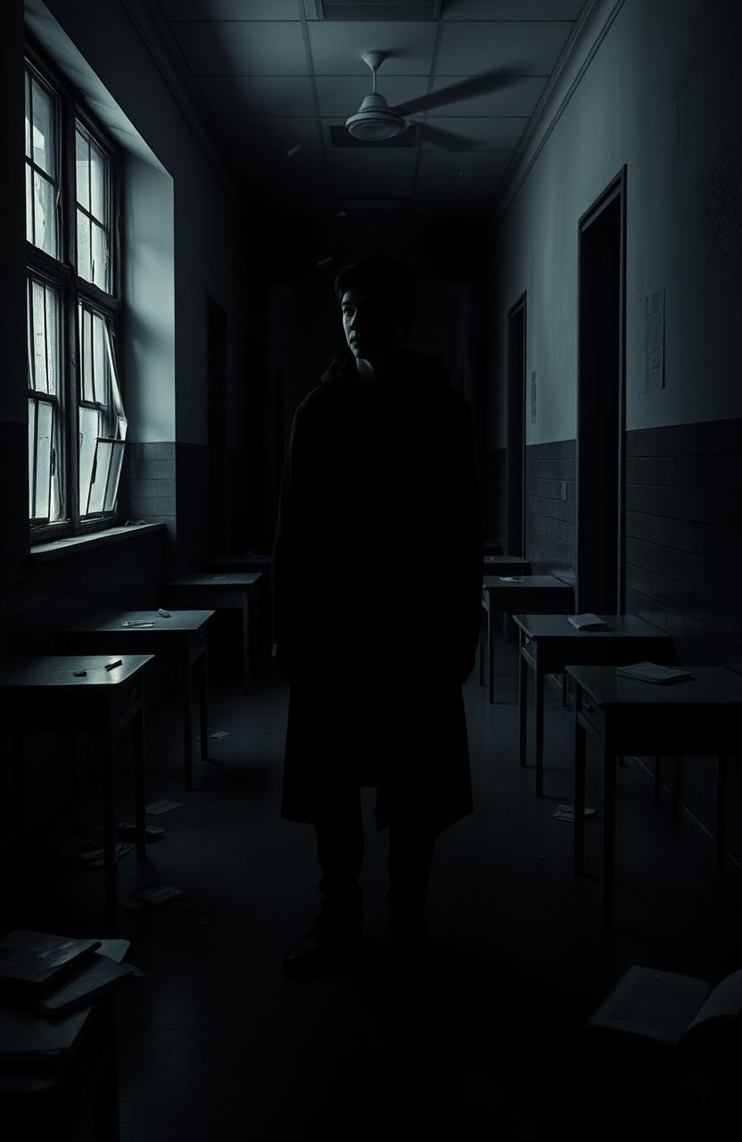 A somber, dark-toned scene inside a gloomy school environment