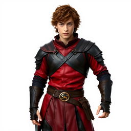 A standing male hobbit rogue with short brown curly hair, wearing vibrant crimson and sleek black leather armor that fits snugly