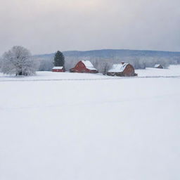 A picturesque snowscape transforming a rustic farm landscape, with the blanket of pristine snow on fields and a charming farmhouse standing out against the pure white surroundings