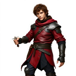 A standing male hobbit rogue with short brown curly hair, wearing vibrant crimson and sleek black leather armor that fits snugly