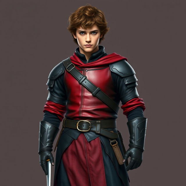 A standing male hobbit rogue with short brown curly hair, wearing vibrant crimson and sleek black leather armor that fits snugly