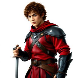 A standing male hobbit rogue with short brown curly hair, wearing vibrant crimson and sleek black leather armor that fits snugly