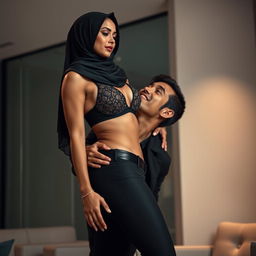 A stunning hijab-wearing woman dressed in a stylish, fashionable bra and panties, confidently standing on a sexy man, who is looking up at her