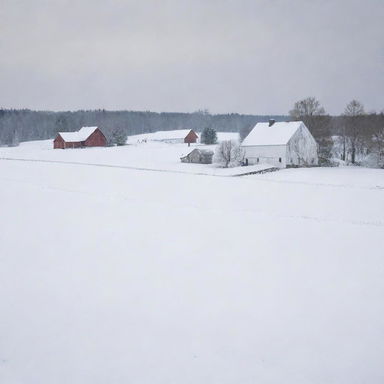 A picturesque snowscape transforming a rustic farm landscape, with the blanket of pristine snow on fields and a charming farmhouse standing out against the pure white surroundings