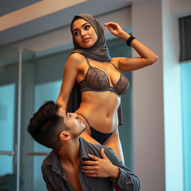 A stunning hijab-wearing woman dressed in a stylish, fashionable bra and panties, confidently standing on a sexy man, who is looking up at her