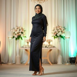 A beautiful hijab-wearing woman in an elegant and sexy bridesmaid dress that perfectly accentuates her figure, complemented by stylish high heels on her feet