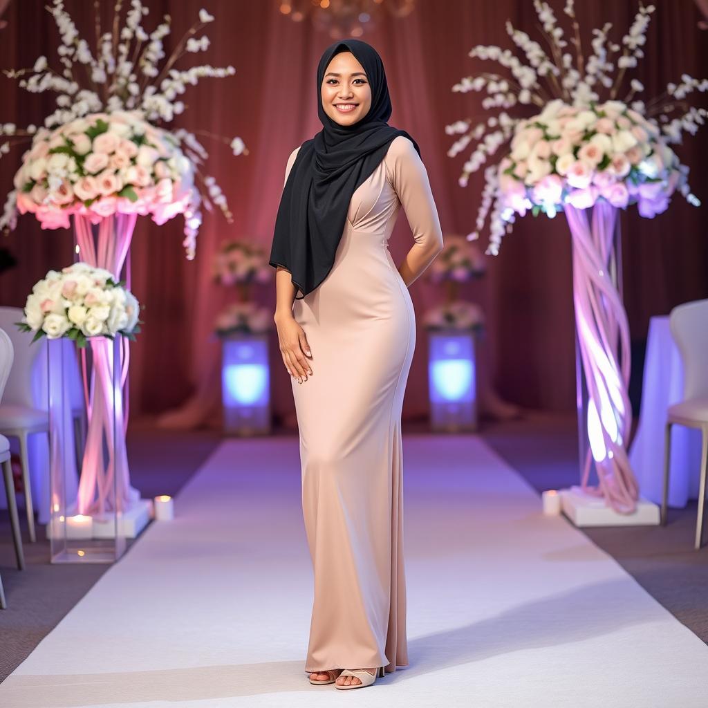 A beautiful hijab-wearing woman in an elegant and sexy bridesmaid dress that perfectly accentuates her figure, complemented by stylish high heels on her feet